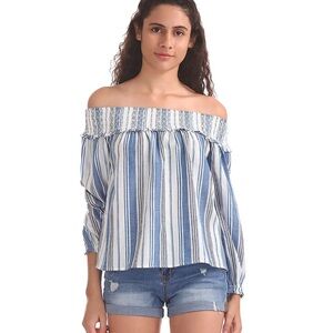 Abercrombie & Fitch Blue and White Off-Shoulder Blouse